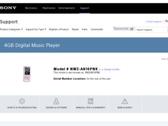 NWZ-A816PNK driver download page on the Sony site