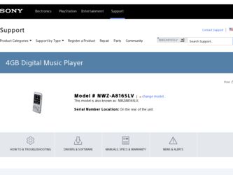 NWZ-A816SLV driver download page on the Sony site