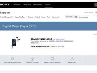 NWZ-A864 driver download page on the Sony site