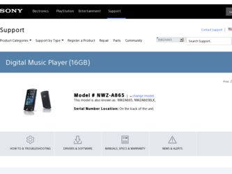 NWZ-A865 driver download page on the Sony site