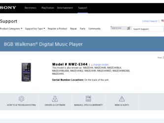 NWZ-E344 driver download page on the Sony site