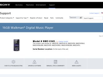 NWZ-E345 driver download page on the Sony site