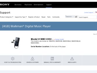 NWZ-E353 driver download page on the Sony site