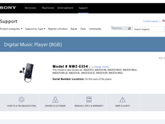 NWZ-E354 driver download page on the Sony site
