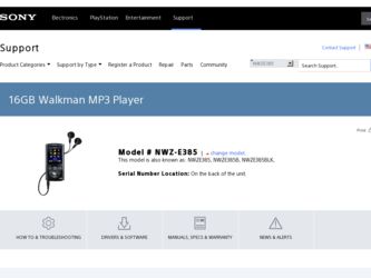 NWZ-E385 driver download page on the Sony site