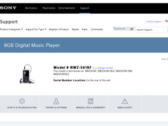 NWZ-S618FBLK driver download page on the Sony site