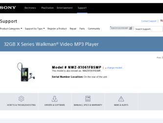 NWZ-X1061FBSMP driver download page on the Sony site