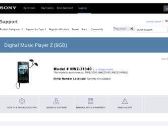 NWZ-Z1040 driver download page on the Sony site