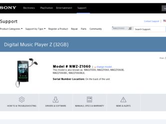 NWZ-Z1060BLK driver download page on the Sony site