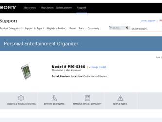 PEG-S360 driver download page on the Sony site