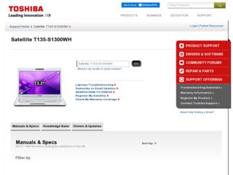 Satellite T135-S1300WH driver download page on the Toshiba site