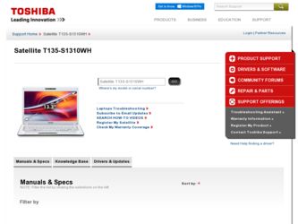 Satellite T135-S1310WH driver download page on the Toshiba site