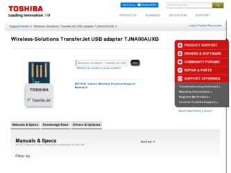 TransferJet USB adapter TJNA00AUXB driver download page on the Toshiba site