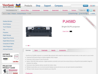 PJ458D driver download page on the ViewSonic site