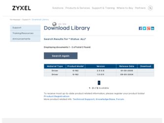 G-162 driver download page on the ZyXEL site