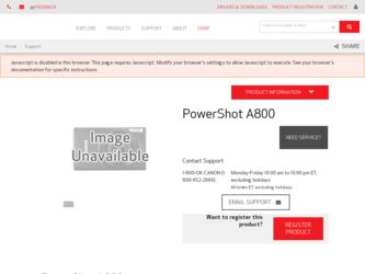 PowerShot A800 driver download page on the Canon site