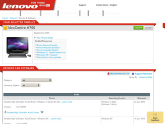 IdeaCentre A700 driver download page on the Lenovo site