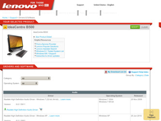 IdeaCentre B500 driver download page on the Lenovo site