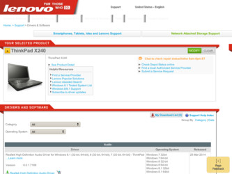 ThinkPad X240 driver download page on the Lenovo site