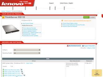 ThinkServer RS110 driver download page on the Lenovo site