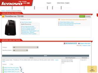 ThinkServer TD100 driver download page on the Lenovo site