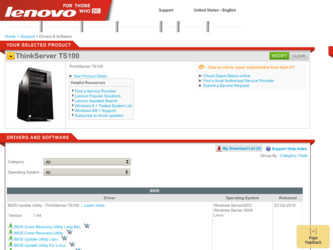 ThinkServer TS100 driver download page on the Lenovo site