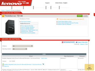 ThinkServer TS130 driver download page on the Lenovo site