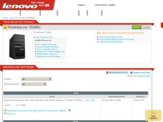ThinkServer TS200v driver download page on the Lenovo site