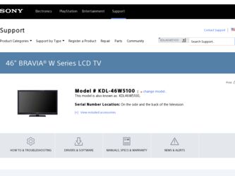 KDL46W5100 driver download page on the Sony site